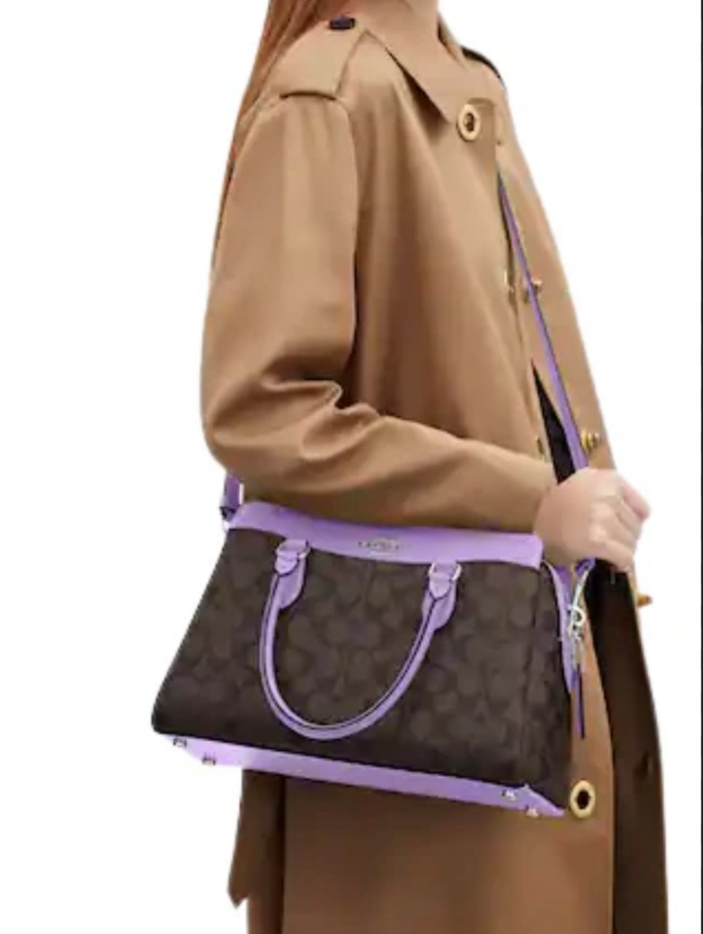 Coach Darcie Brown Signature Satchel with Leather Lavender Trim & Crossbody
